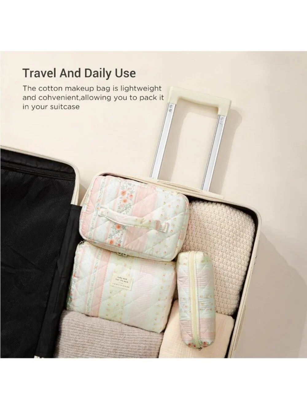 3-Piece Quilted Travel Makeup Bag Set - Large Cotton Organizer for Cosmetics